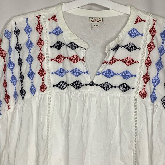 Ariat Womens Billie Tunic Top Size XXL White Red Blue Embroidered Lightweight - Picture 12 of 12
